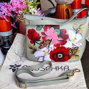 Anuschka Floral Gray Leather Shoulder Bag